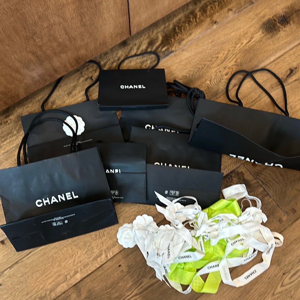 Bundle of Chanel shopping bags and ribbons etc one LV ribbon